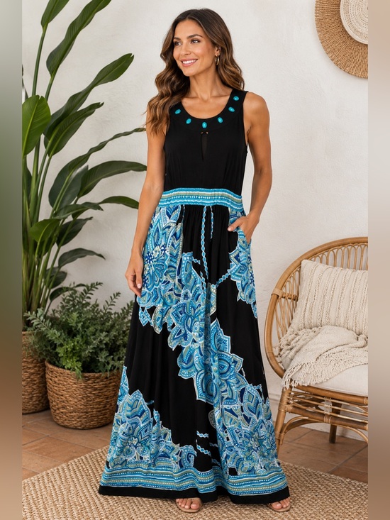 Dress Barn Dresses & Skirts - DressBarn Black & Blue Embellished Sleeveless Maxi Dress Size 10
